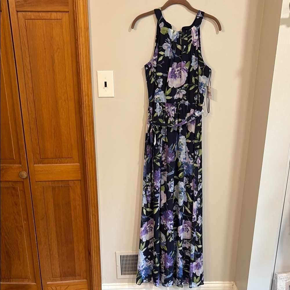 SLNY Women's Purple & Blue Floral Pleated Halter Neck Maxi Dress‎ NWT